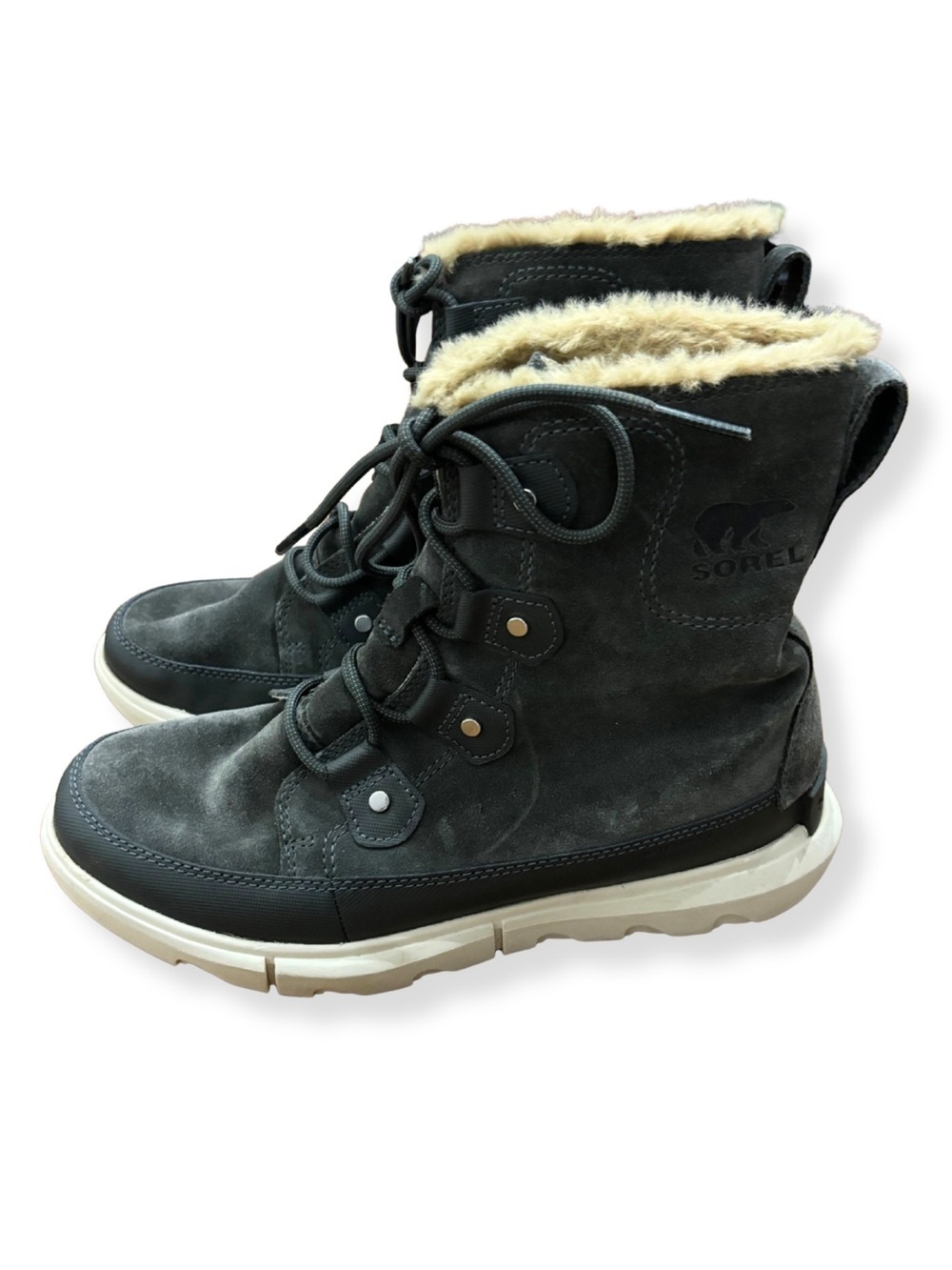 Sorel Explorer Joan Faux Fur Waterproof Boots Women’s Size 8 Charcoal Gray
